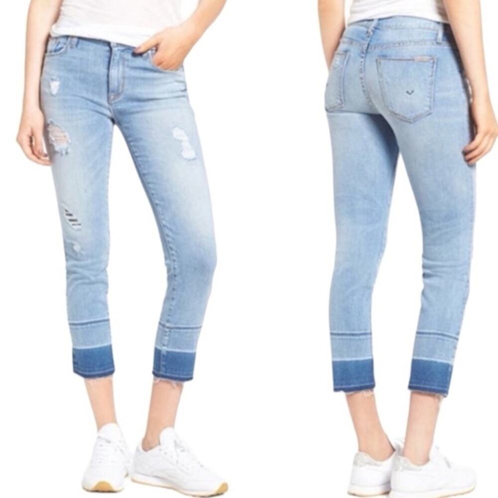 Hudson Midrise Crop Zoeey Straight Distressed Patch Light Wash Jeans